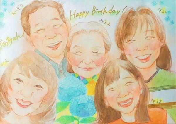 祖母へのプレゼントにあたたかい色合いの誕生日おめでとう似顔絵