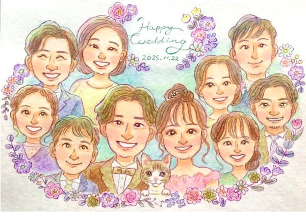 友達に囲まれた似顔絵ウェルカムボード