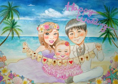 yunyunが描いたハワイの海とハイビスカスの似顔絵ウェルカムボード