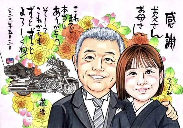 両親と愛車のバイクの似顔絵サンクスボード