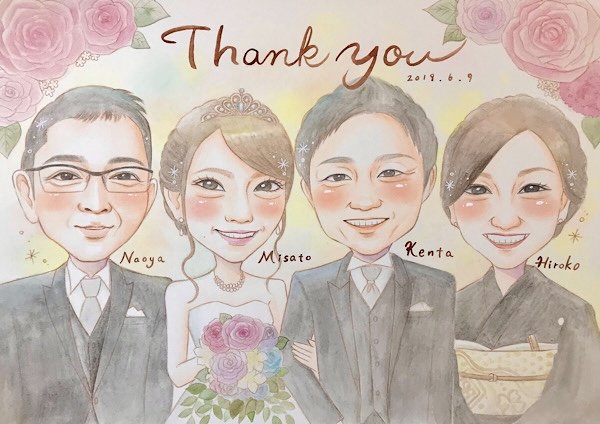 新郎新婦と両親の似顔絵サンクスボード